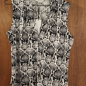 Calvin Klein Sleeveless Blouse Top Black White Gray Size PL V Neck